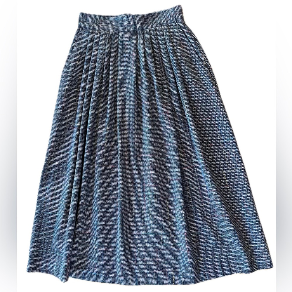 Vintage Gray Wool HerringboneTweed Pleated Knit Maxi Skirt Size Small Pockets